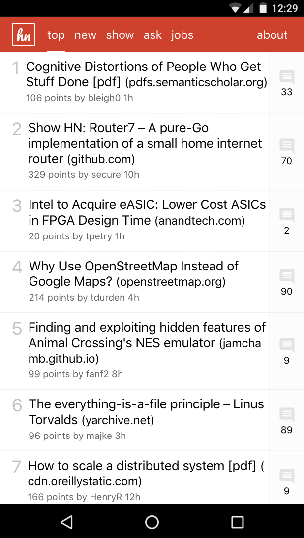 HackerNews.io HN PWA running on a mobile phone